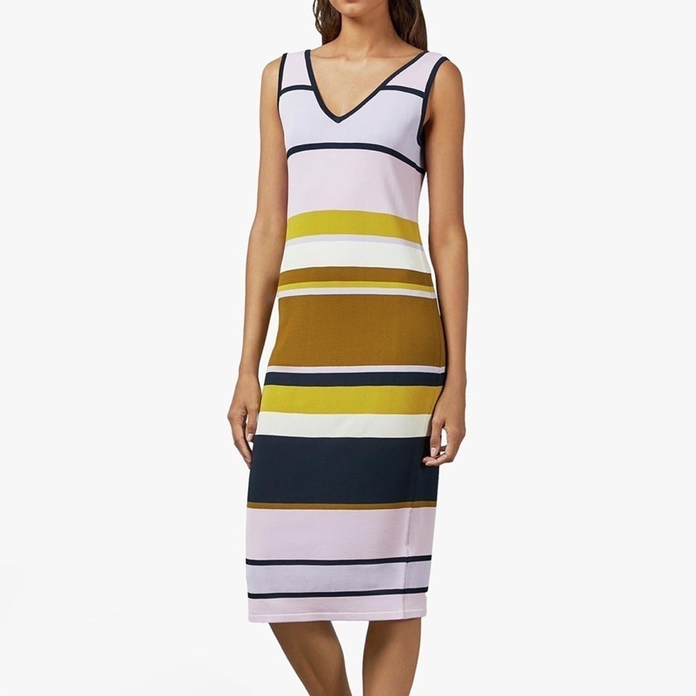 Ted Baker London Pink Yellow Izlie Striped Sheath Dress v neck viscose SZ 3 or M